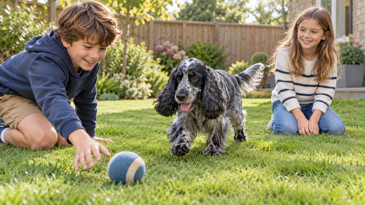 İngiliz Cocker köpek — çocuklarla oyun