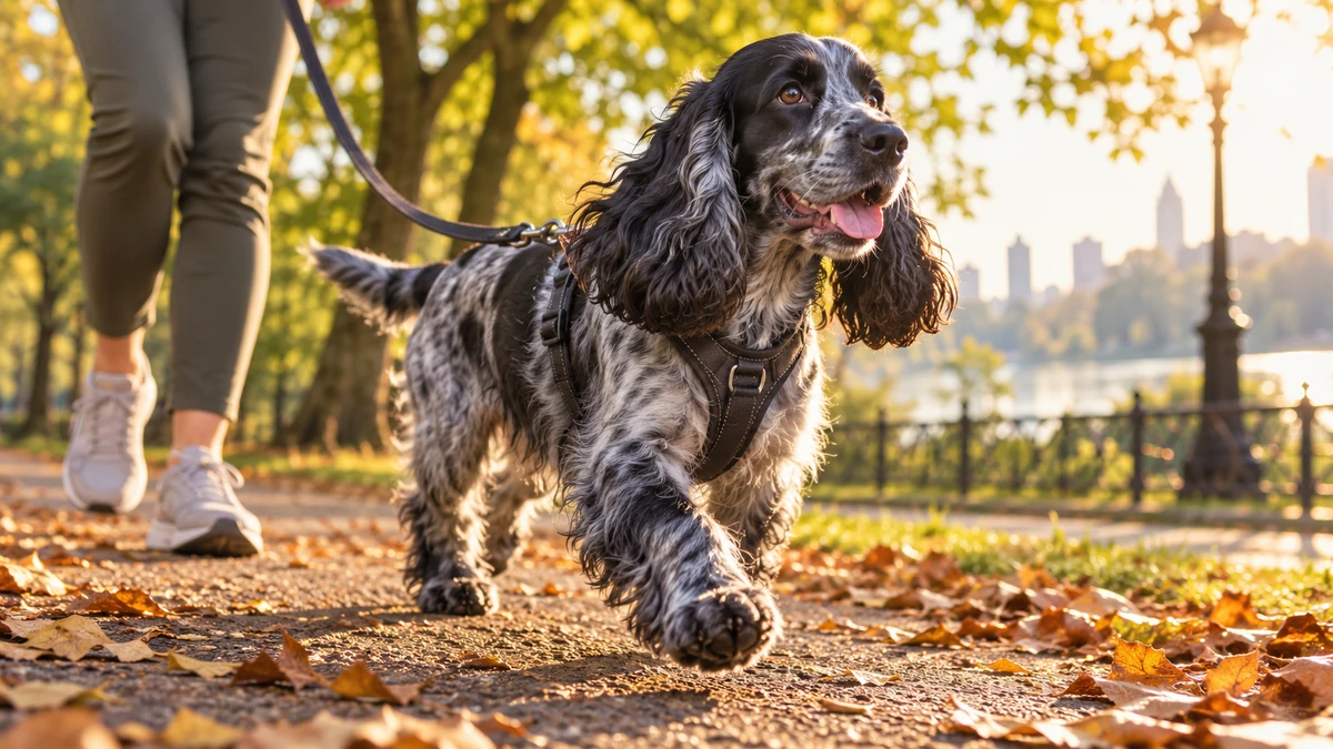 İngiliz Cocker köpek — parkta yürüyüş ve egzersiz